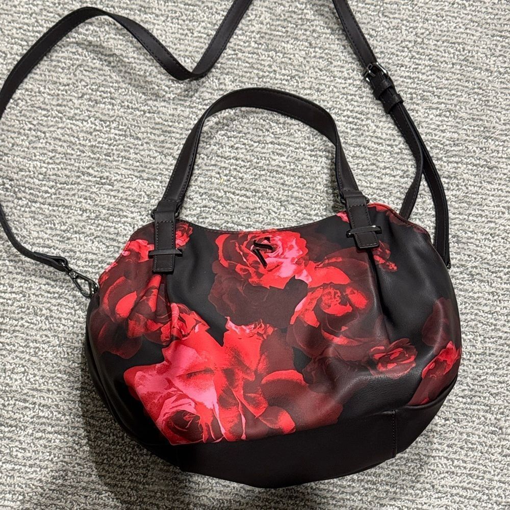 Vera Wang Elegant Black and Red Floral satchel Bag